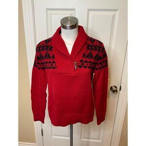 Lauren Ralph Lauren Red Navy Blue Patterned Shawl Collar Sweater W/Toggle Size M